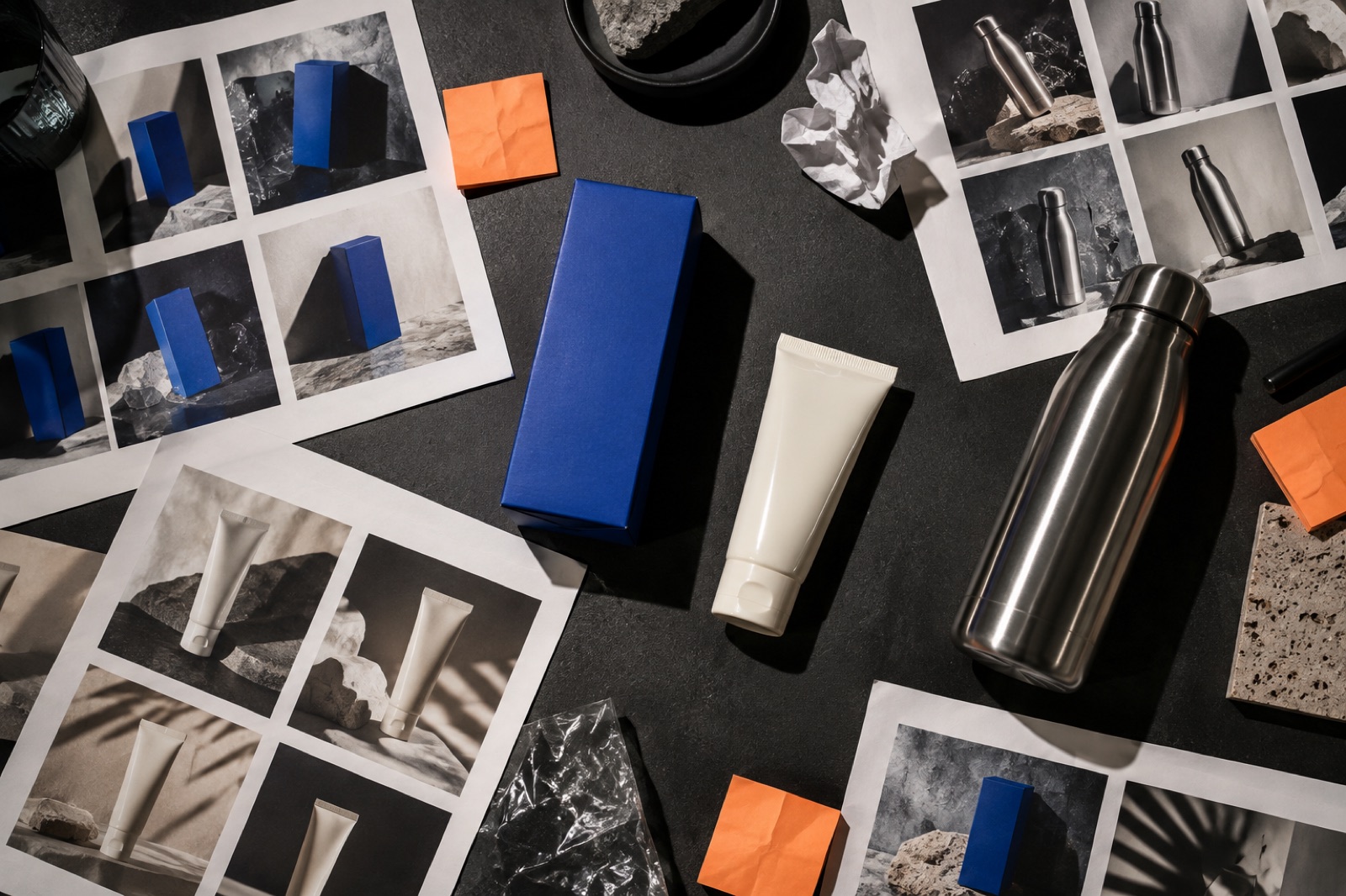 Product packaging and photography contact sheets laid out on a creative testing desk